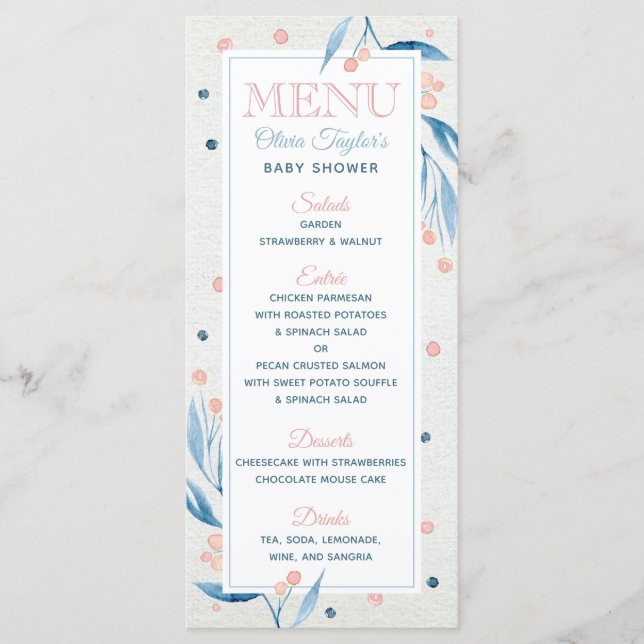 Carte Menu baby shower, Bleu, Rose (Devant)