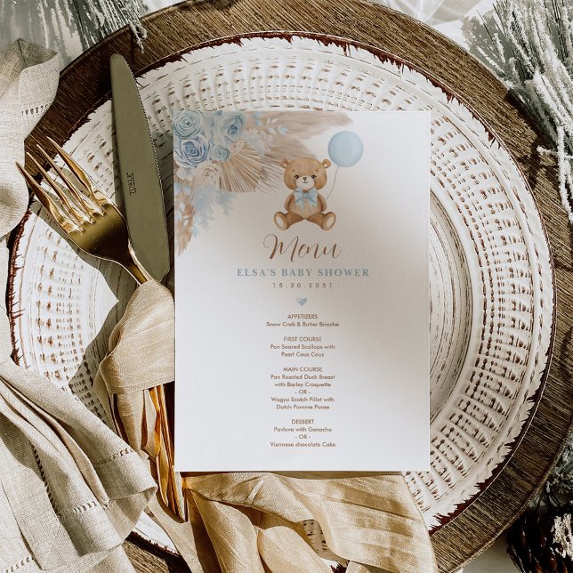 Carte menu Baby shower de l'ours en peluche bleu B (Créateur téléchargé)