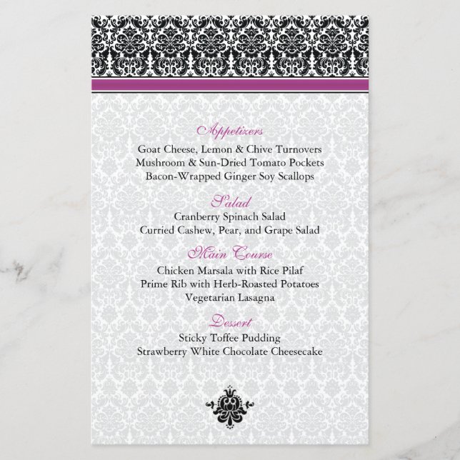 Carte menu Berry Purple, Black, White Damask (Devant)