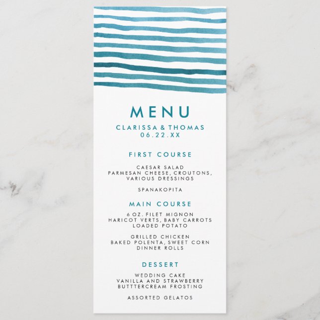 Carte menu Bleu Watercolor Stries (Devant)
