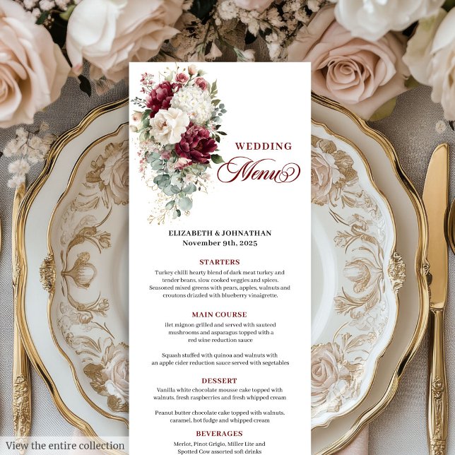 Carte menu Boho burgundy white gold floral mariage (Boho burgundy white gold floral wedding menu card

)