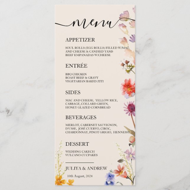 Carte Menu Boho fleur sauvage Mariage (Devant)