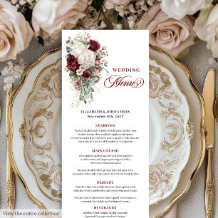 Carte menu Boho rouge blanc foncé or floral mariag