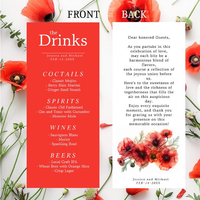 Carte menu BOISSON Scarlet Petal Serenade (The DRINK menu card Scarlet Petal Serenade with beautiful red poppies flower.)