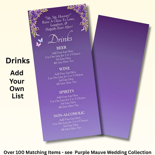 Carte Menu Boissons - Fleurs mauves violettes & Bl (Créateur téléchargé)