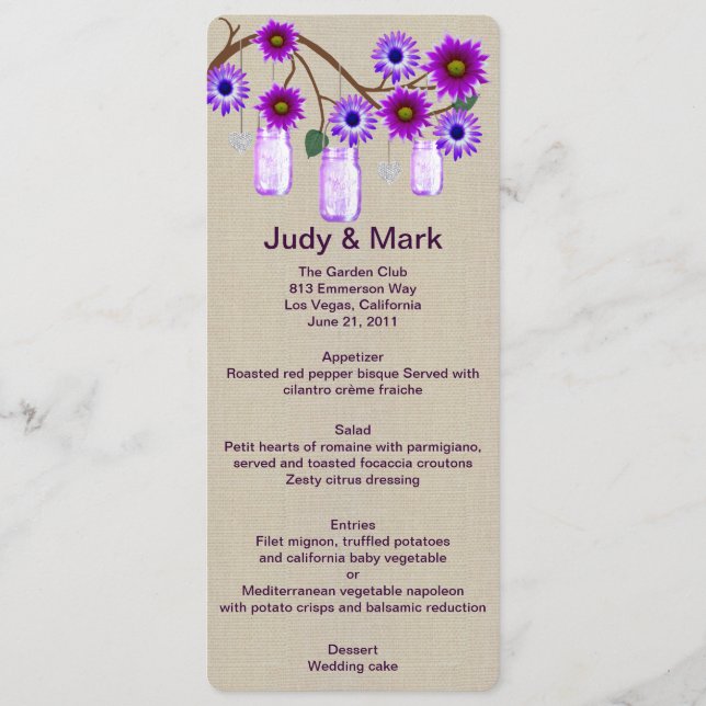 Carte menu Burlap Rustique Purple Mason Jars (Devant)