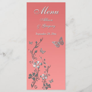 Carte menu Coral, Papillon gris argenté Floral