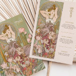 Carte Menu Déesse Florale Art Nouveau vintage<br><div class="desc">Immergez-vous dans une élégance intemporelle grâce à cette carte à menu Mariage Art Nouveau Vintage, qui présente une déesse florale captivante inspirée du style iconique d'Alphonse Mucha. L'avant présente une déesse sereine entourée de pivoines en fleurs, d'iris et de détails ornementaux complexes. Les tons riches de rose rousse, vert sauge,...</div>