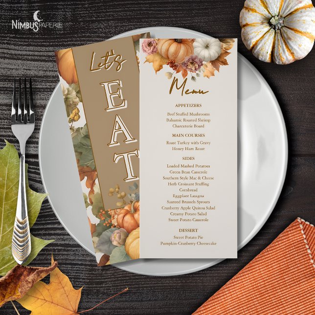 Carte Menu Dîner Thanksgiving Florals Muet (Créateur téléchargé)