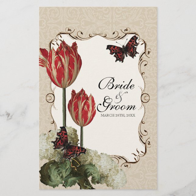 Carte menu du dîner - Tan n Cram Red Tulip Damask (Devant)