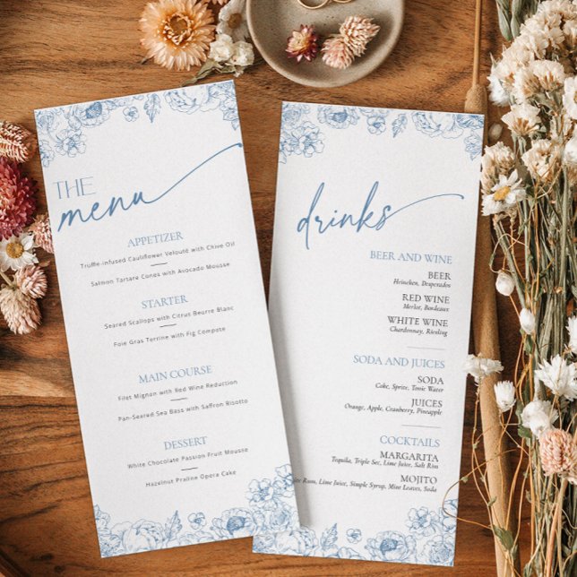 Carte menu Elegant Blue Chinoiserie Restauration e (Food and Drinks Menu with french blue floral toile de jouy pattern)