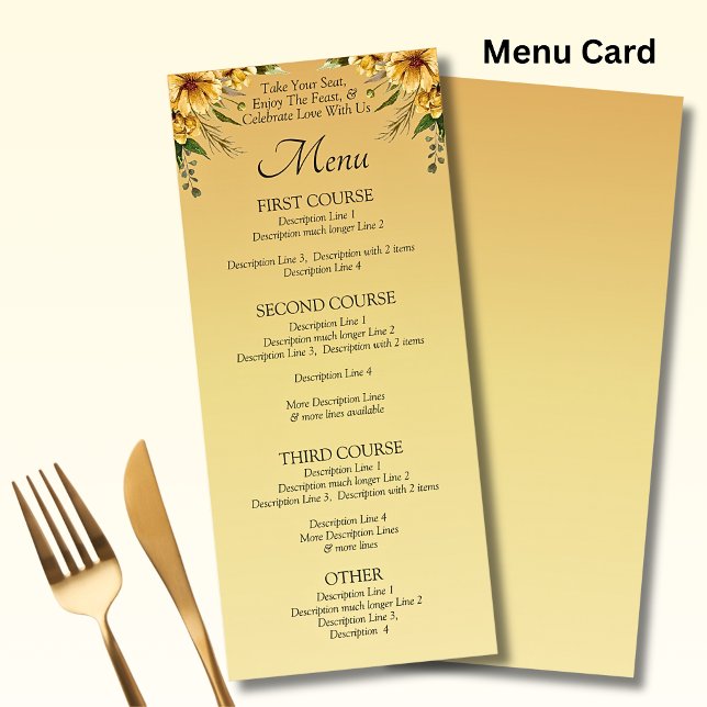 Carte Menu - Fleurs Jaunes Dorées (Créateur téléchargé)