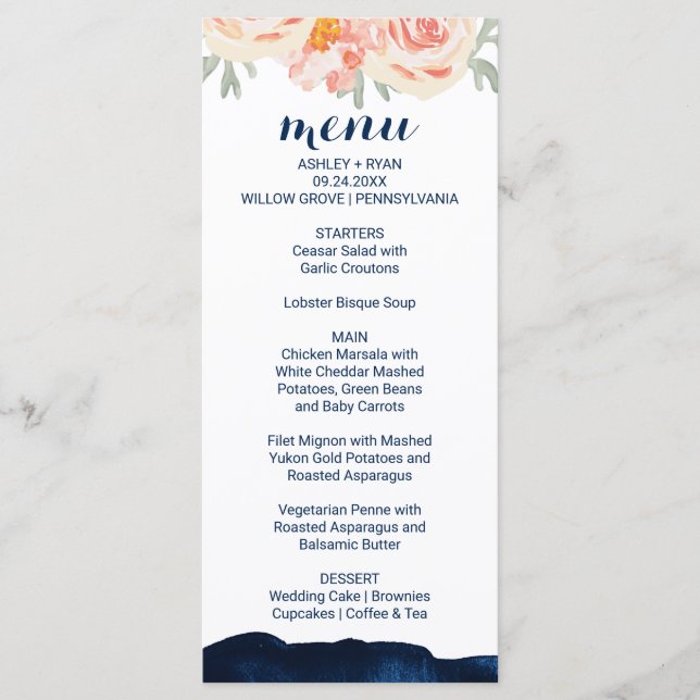 Carte menu Floral Peach and Navy Watercolor Dinner (Devant)