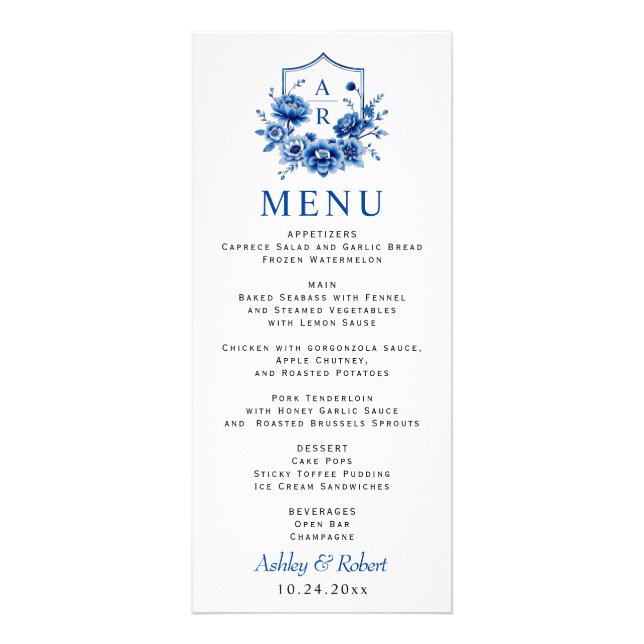 Carte menu mariage à fleurs bleues Chinoiserie (Devant)