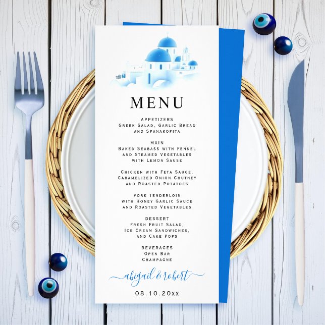 Carte menu mariage Aquarelle Santorini Grèce (Créateur téléchargé)