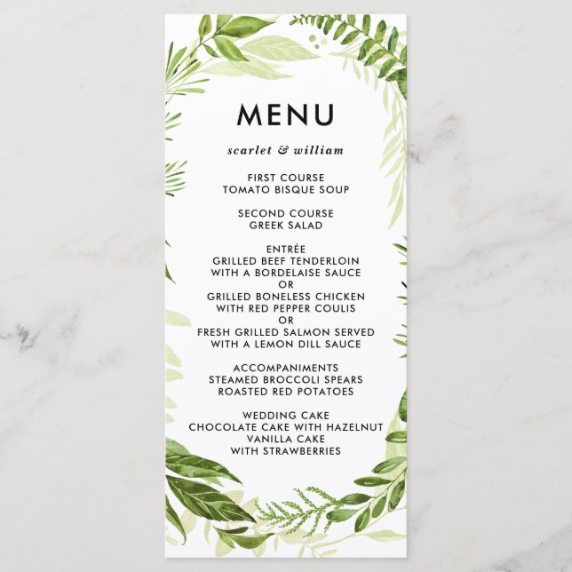 Carte menu Mariage Aquarelle Wild Green Folid (Devant)