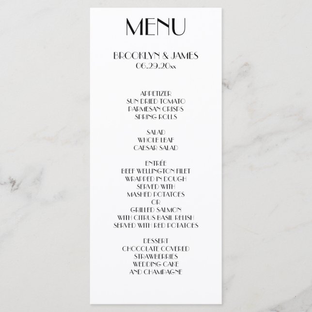 Carte menu Mariage blanc minimaliste Déco (Devant)