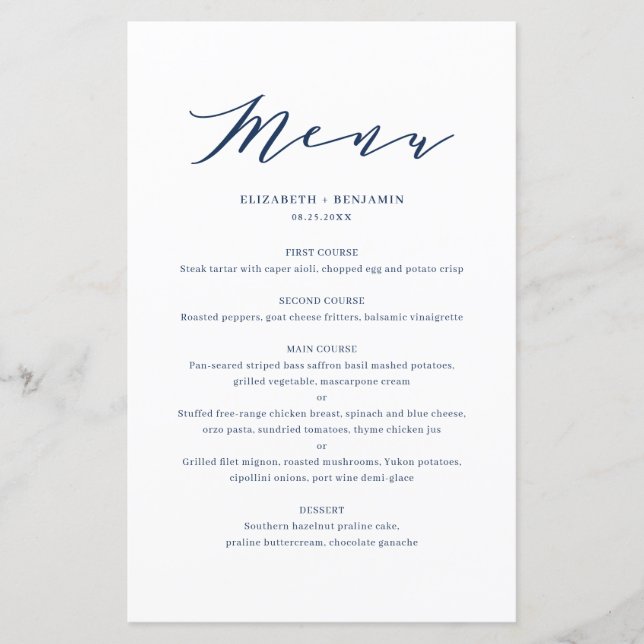 Carte menu Mariage bleu minimaliste (Devant)