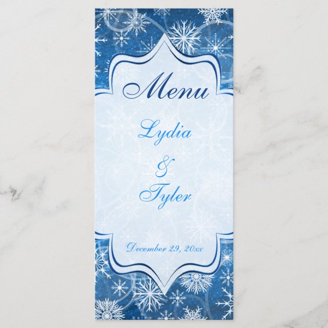 Carte menu Mariage Blue and White Snow Flakes (Devant)