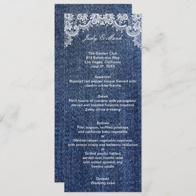 Carte Menu Mariage Blue Jean Denim Et Dentelle (Devant / Derrière)