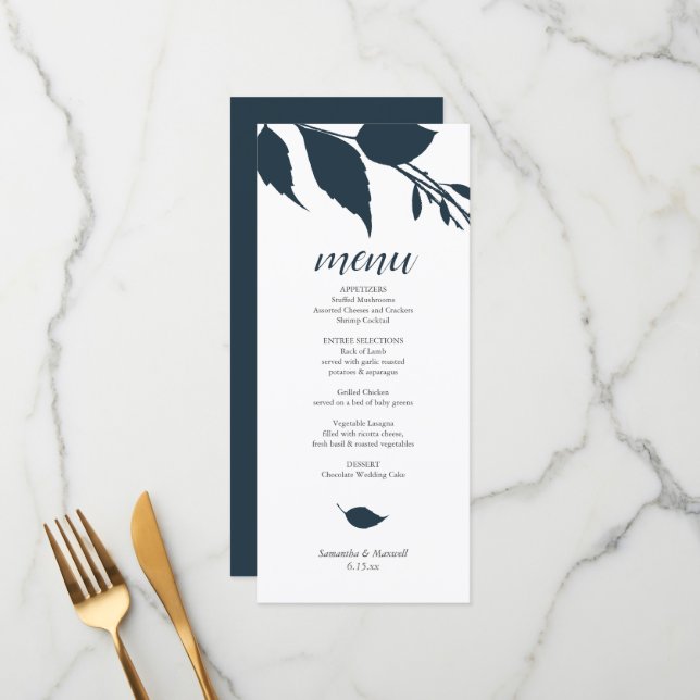 Carte menu Mariage botanique Midnight Blue (Devant/Arrière en situation)