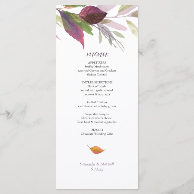 Carte Menu mariage de automne Avec Feuille Violet (Devant)