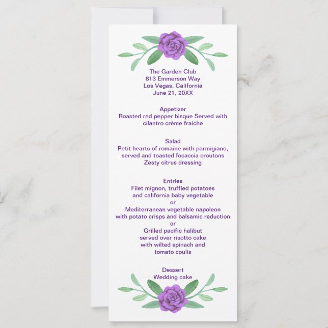Carte menu Mariage de feuillage de fleurs violette (Devant)