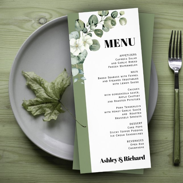 Carte menu mariage Eucalyptus branche et fleurs (Créateur téléchargé)