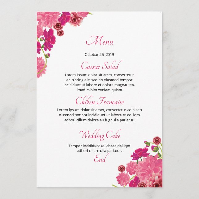 Carte menu Mariage Floral (Devant)