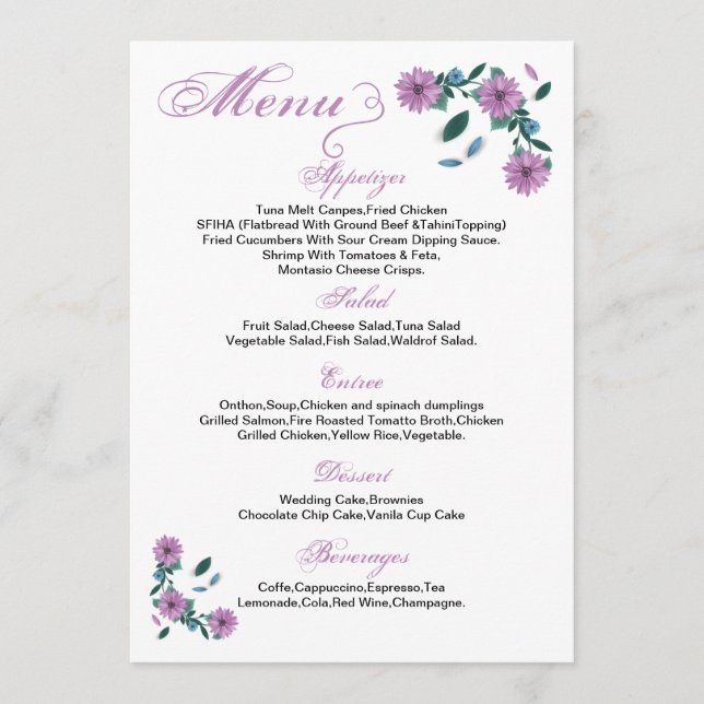 Carte menu Mariage Floral (Devant)