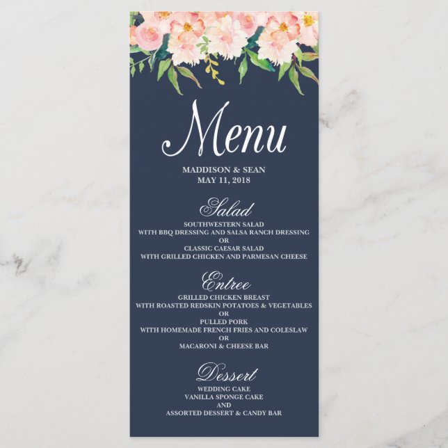 Carte menu Mariage floral bleu marine et bleu (Devant)