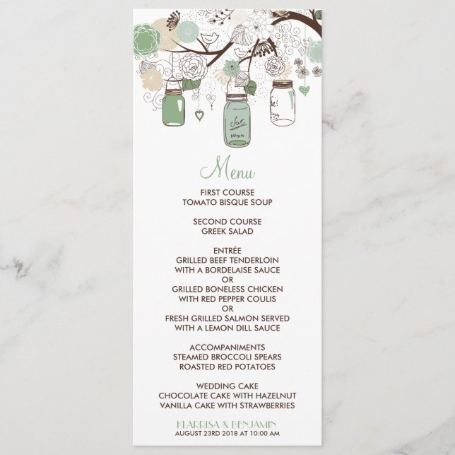 Carte menu Mariage Mint Green Mason Jars (Devant)