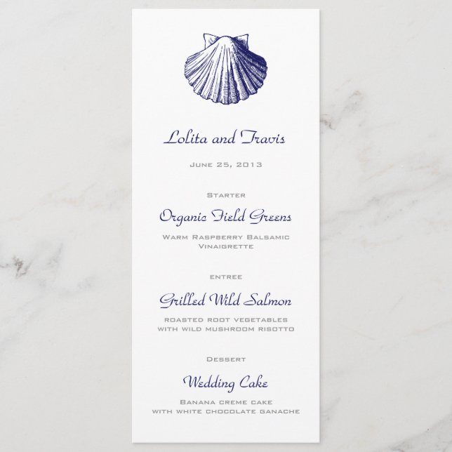 Carte menu Mariage Navy Blue Sea Shell (Devant)