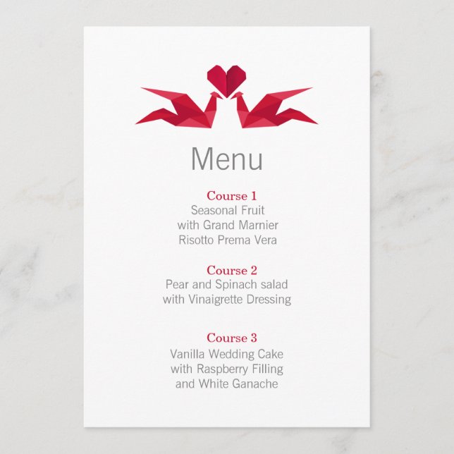 Carte menu mariage origami roux grues (Devant)