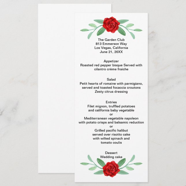Carte menu Mariage Red Floral Greenery Foliage (Devant / Derrière)