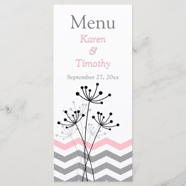Carte menu Mariage rose, Gris Floral, Chevrons (Devant)