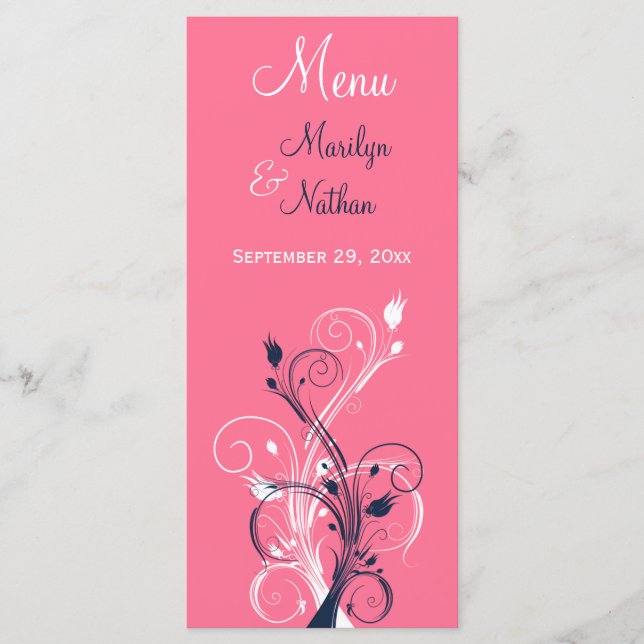 Carte menu Marine, Rose et Blanc Floral (Devant)