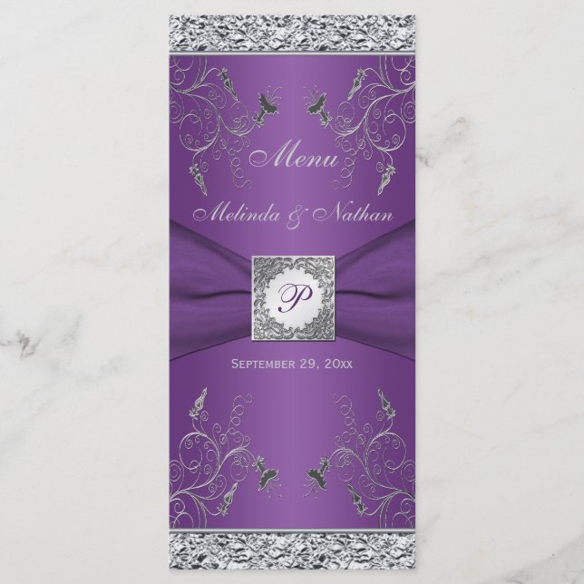 Carte menu Monogram Purple and Silver Floral (Devant)