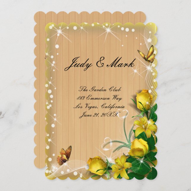 Carte menu Papillon Floral Rustique Jaune Bois (Devant / Derrière)