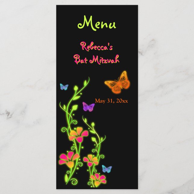 Carte menu Papillons et fleurs néon (Devant)