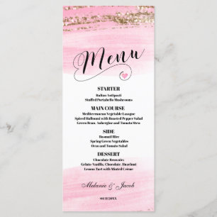 Carte menu plat Watercolor Pink Gold 4x9