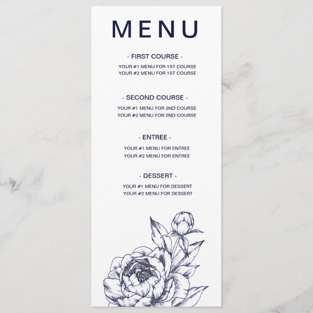 Carte menu simple Navy Peony (Devant)