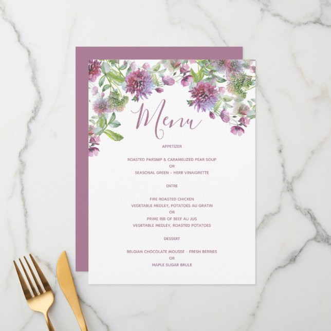 Carte Menu Soft Purple Floral Mariage Réception (Devant/Arrière en situation)