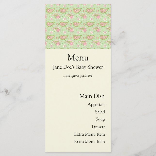 Carte Menu Vert Et Rose Paisley (Devant)