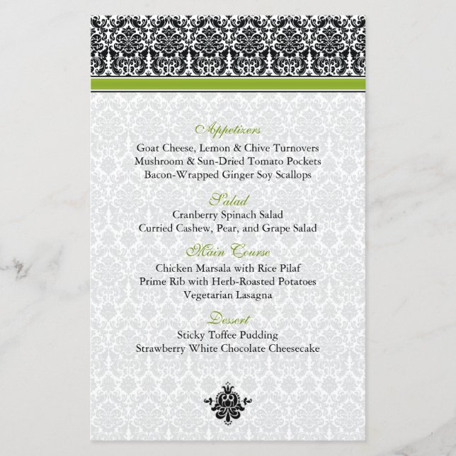 Carte menu verte, noire, blanche Damas (Devant)