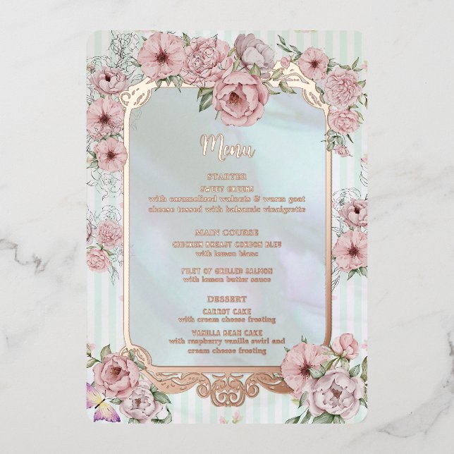 Carte menu vintage Aqua Peony Mariage Foil (Recto)