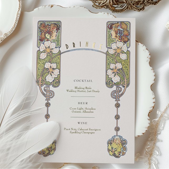 Carte menu vintage Art nouveau Mariage Boissons (Créateur téléchargé)