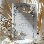 Carte Menu Vintage Art Nouveau Turquoise Gold Foil<br><div class="desc">Carte menu de style Art Nouveau pour votre mariage à thème vintage dans un design floral, romantique et fantaisiste. Les plats classiques complètent les polices art déco classiques. Entrez vos informations personnalisées, et vous avez terminé. Si vous souhaitez modifier la conception, cliquez sur le bouton bleu "Customiser". Merci tellement pour...</div>