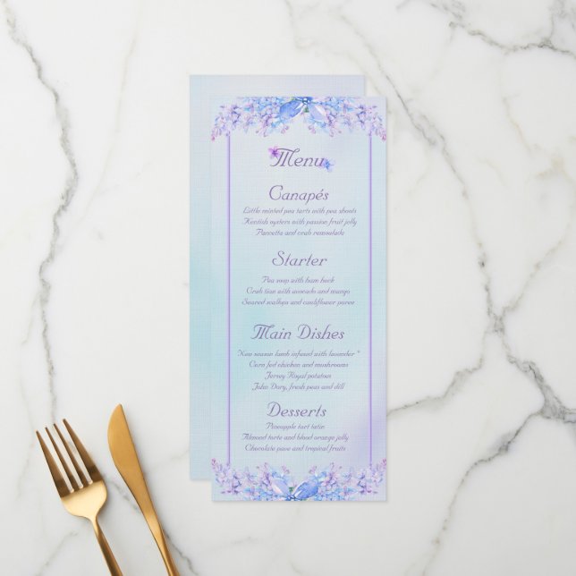 Carte menu Watercolor Blue Purple Lilac Flower (Devant/Arrière en situation)