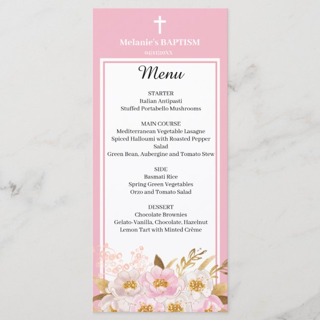 Carte menu Watercolor Pink floral Baptism (Devant)